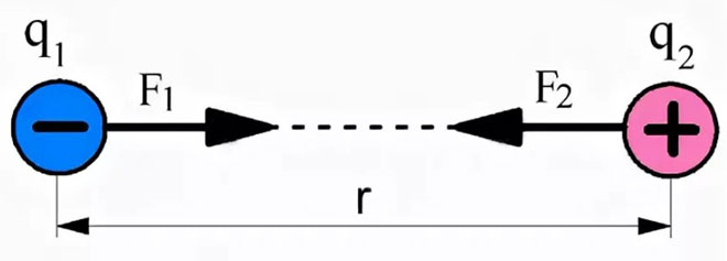 Напрвление силы Кулона для двух точечных зарядов разной полярности.