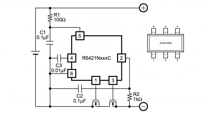Схема защиты литиевого аккумулятора на микросхемах серии R5421N